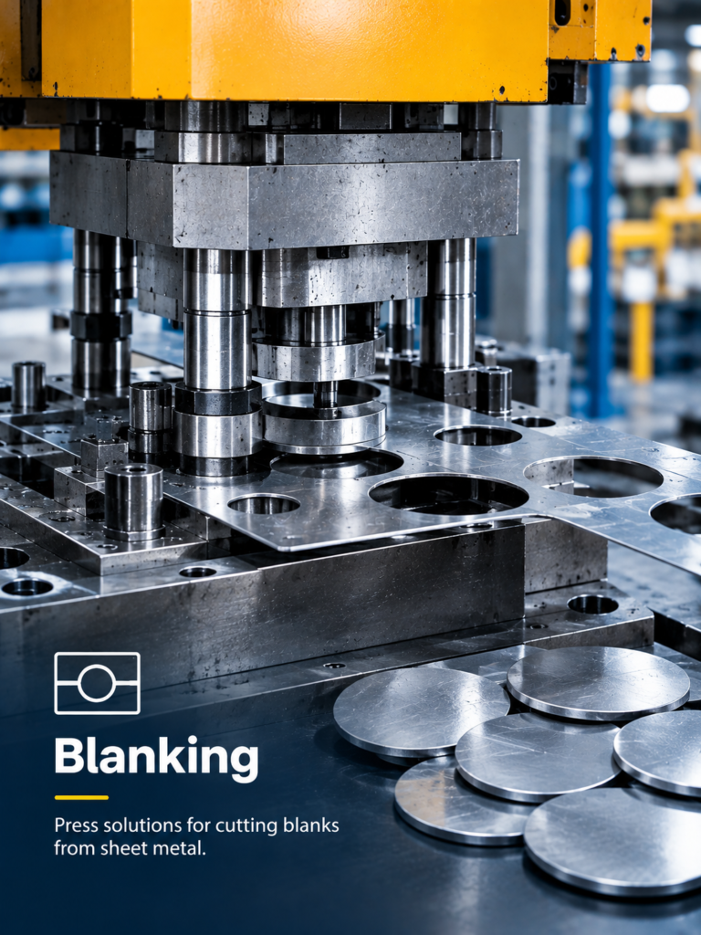 Mechanical press cutting circular blanks from sheet metal